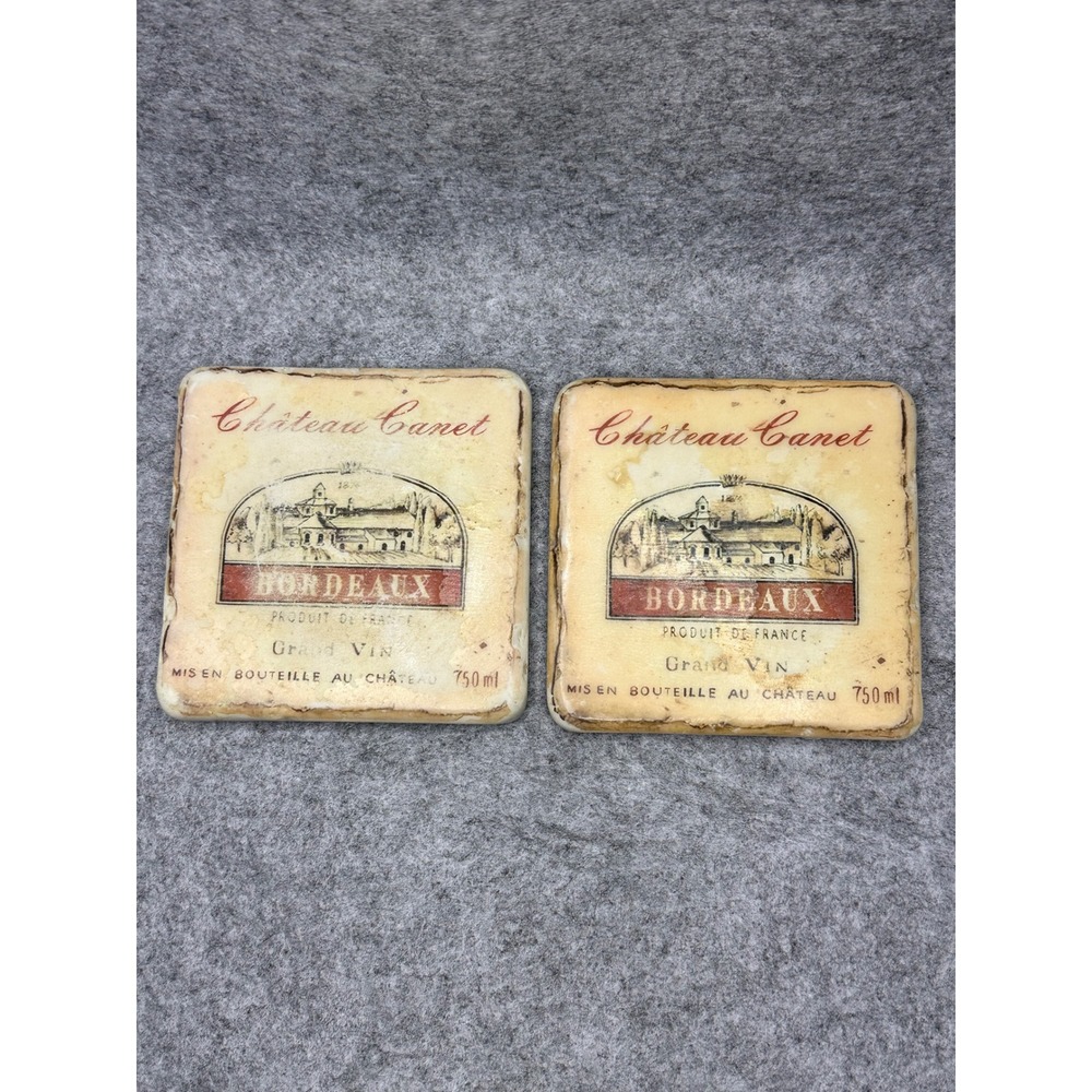 Chateau Canet Bordeaux Wine Coasters Set of 2 Stone Cork Back French Country 4in